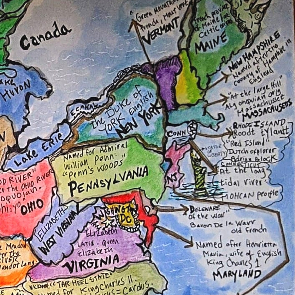 USA Handmade Map cartography painting watercolor pen & ink Earth Day - Picture 7 of 16